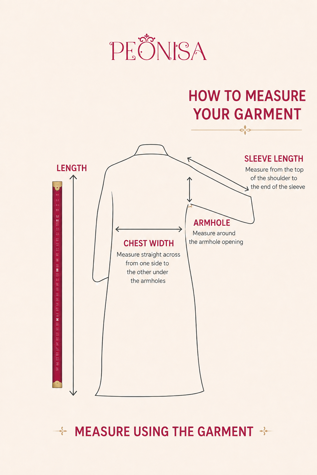 PEONISA abaya measurement guide.