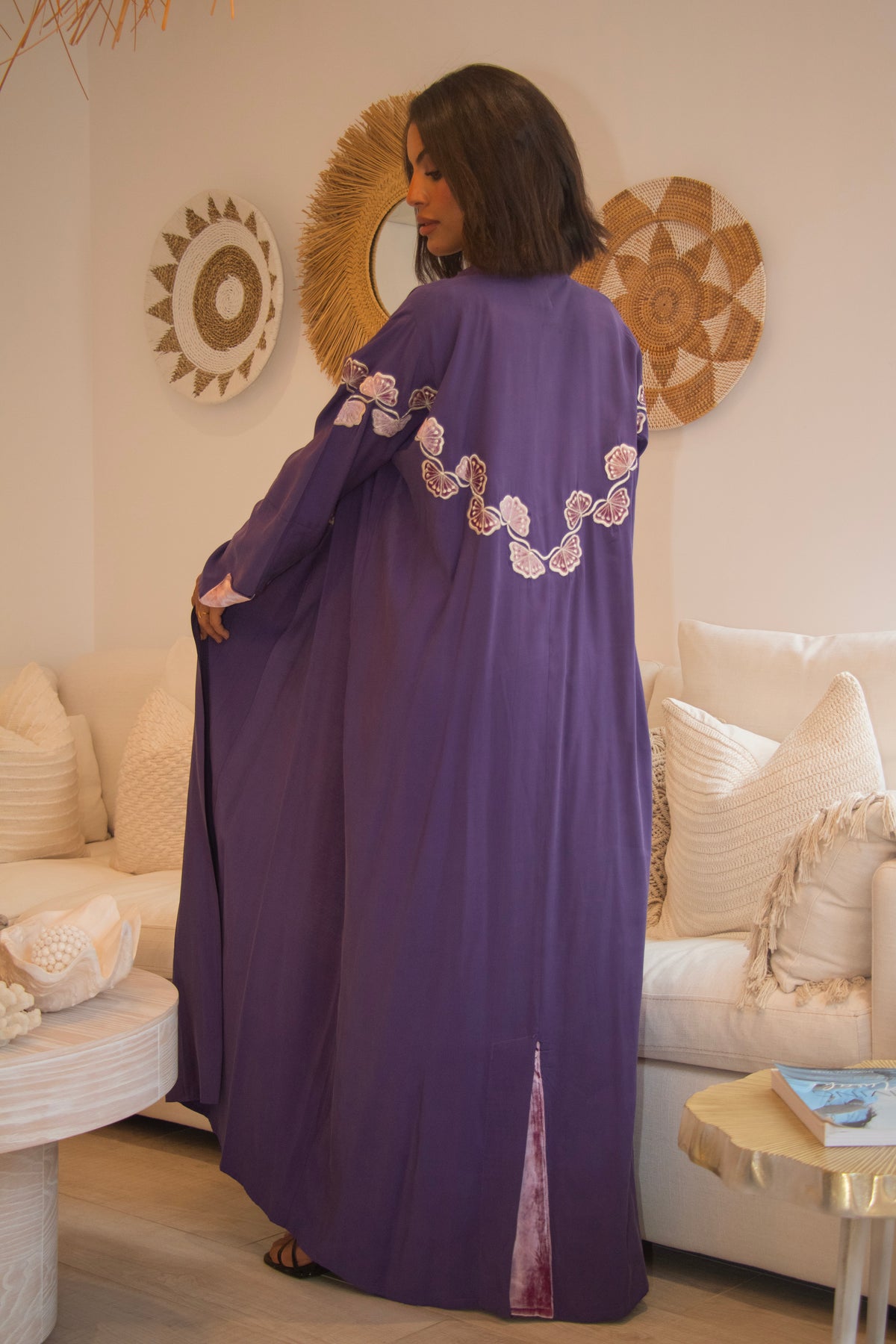 Back view of PEONISA Amethyst purple abaya with floral embroidered motifs across the upper back and shoulders.
