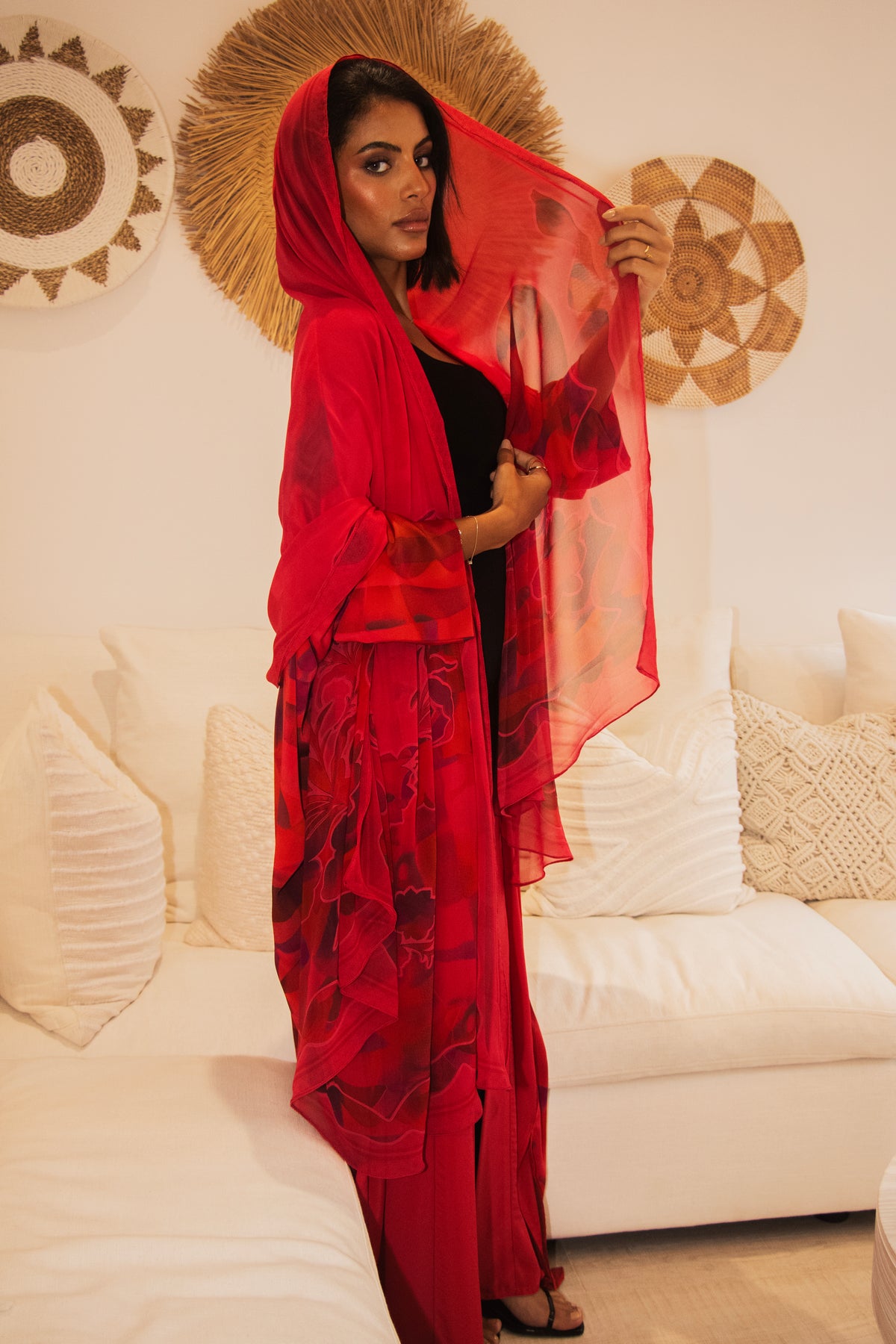 PEONISA Crimson red set with floral tunic, wide-leg trousers, and matching scarf.