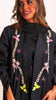 Rawd black abaya with delicate hand embroidery in pink, yellow and ivory details.